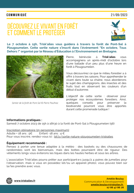 Communiqué de presse : Sortie nature dans la forêt de Pont-Sal à Plougoumelen