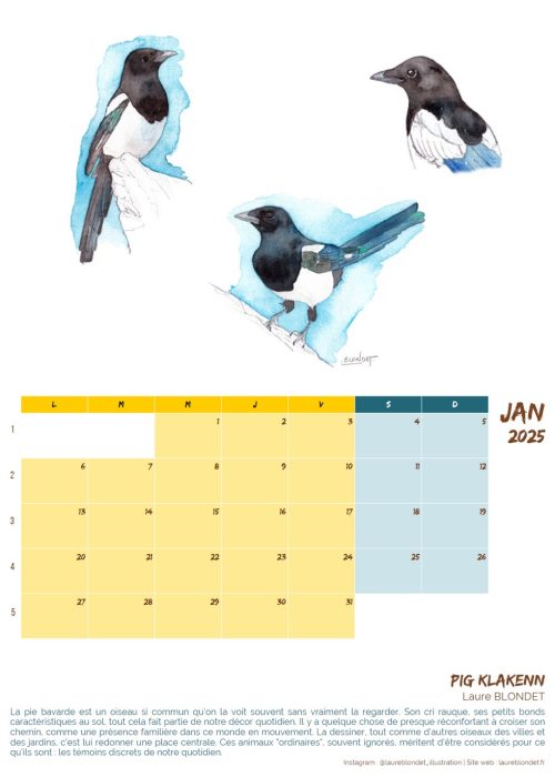 Calendrier animalier 2025 de Trisk'iales : page de janvier